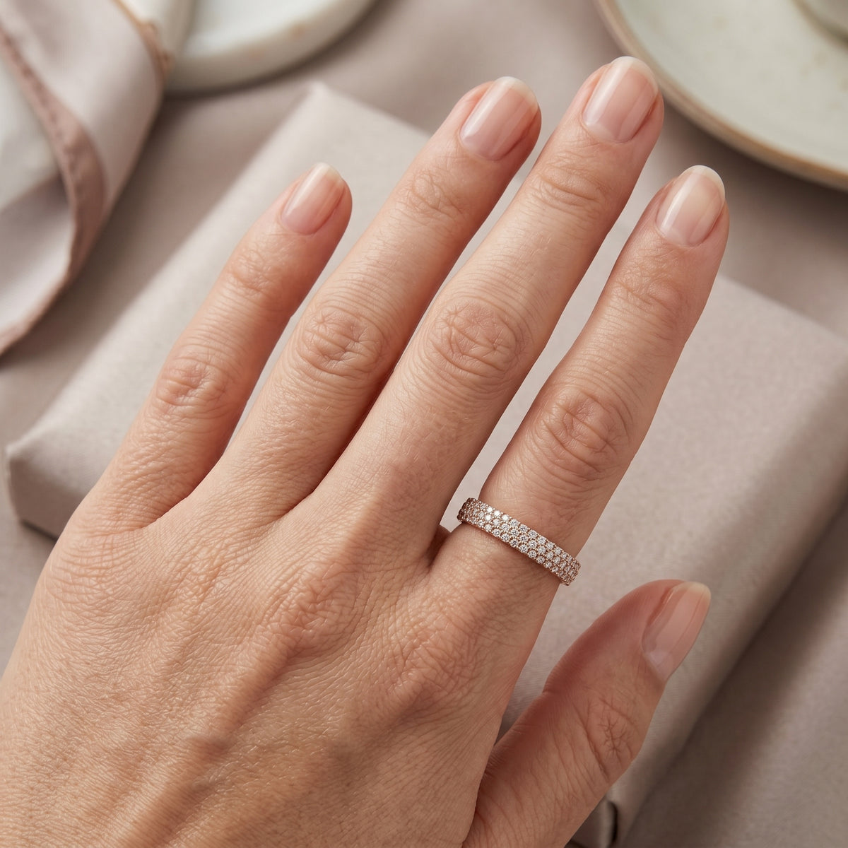 Round Diamond Pavé Dome Eternity Band — lifestyle