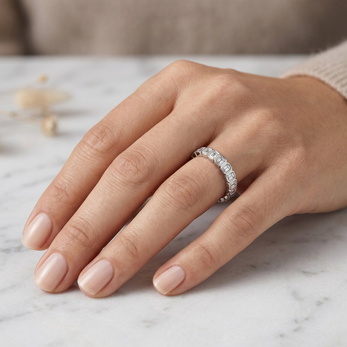 Radiant Cut Bezel Set Diamond Eternity Band — lifestyle