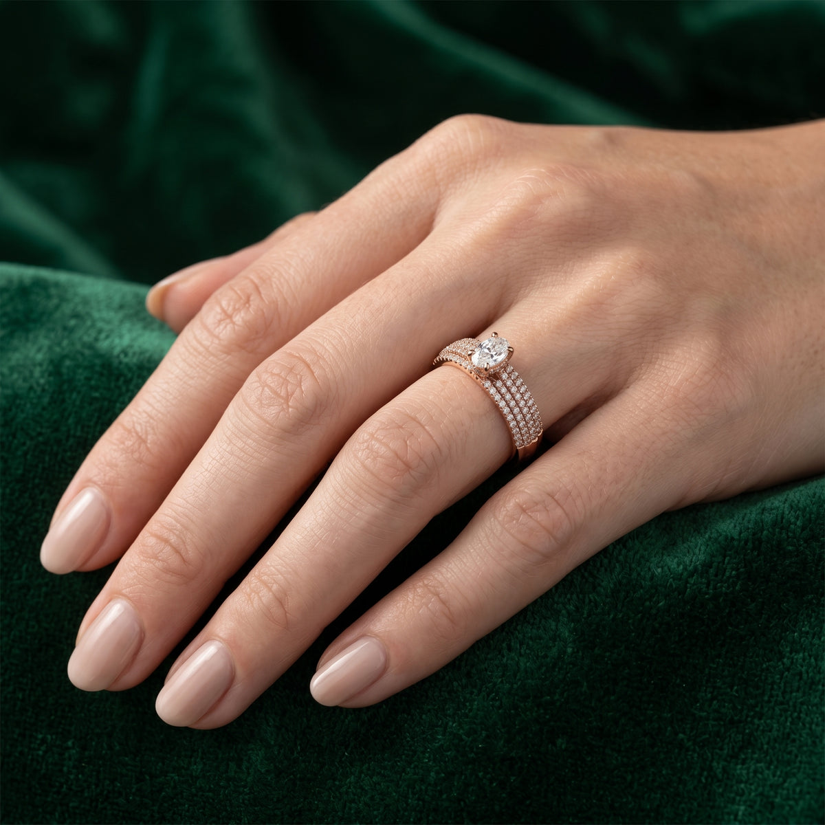 Oval Diamond Engagement Ring with Wide Multi-Row Pavé Band — lifestyle