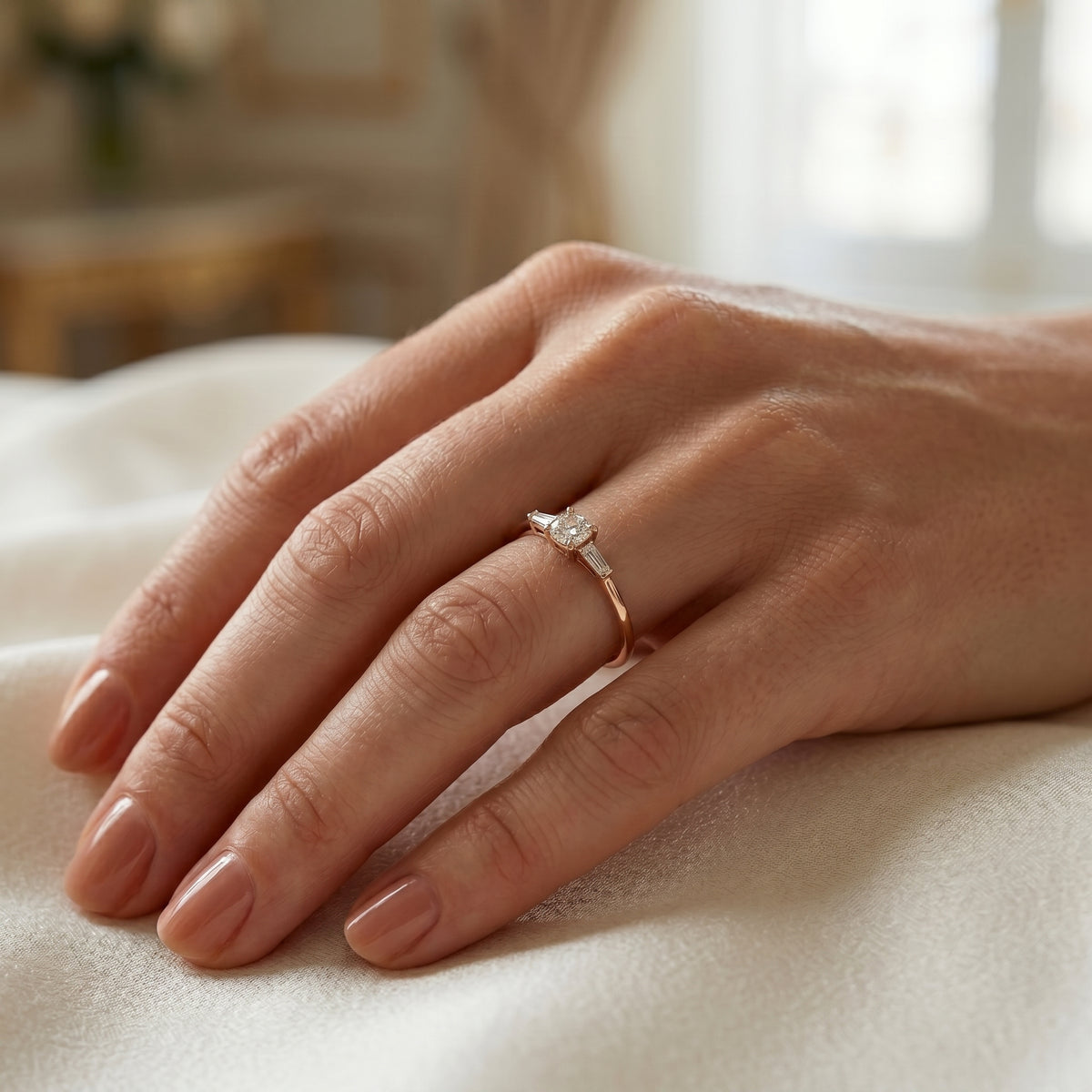 Cushion Cut Three Stone Engagement Ring with Tapered Baguette Sides — lifestyle