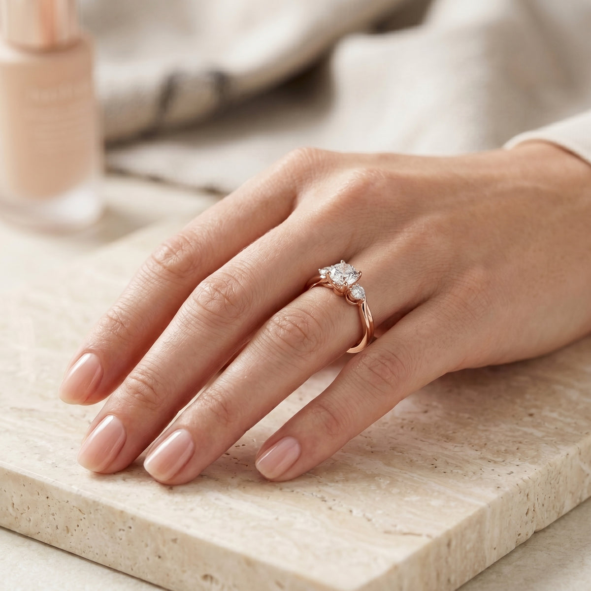 Round Diamond Three Stone Engagement Ring with Round Sides and Pavé Band — lifestyle