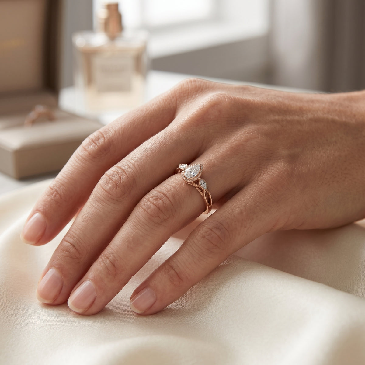 Pear Diamond Three Stone Engagement Ring with Marquise Sides and Milgrain Detail — lifestyle
