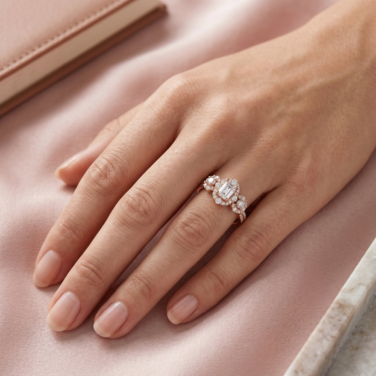 Emerald Cut Three Stone Halo Engagement Ring with Round Cluster Sides — lifestyle