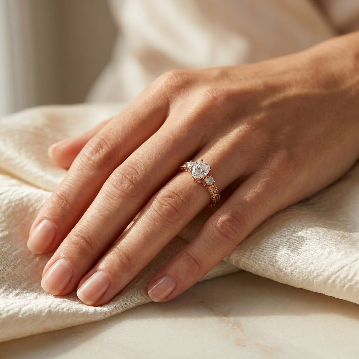 Oval Diamond Three Stone Engagement Ring with Round Sides and Vintage Milgrain Band — lifestyle