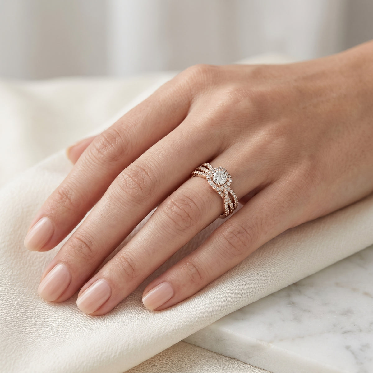 Round Diamond Cushion Halo Engagement Ring with Multi-Row Split Shank Pavé Band — lifestyle