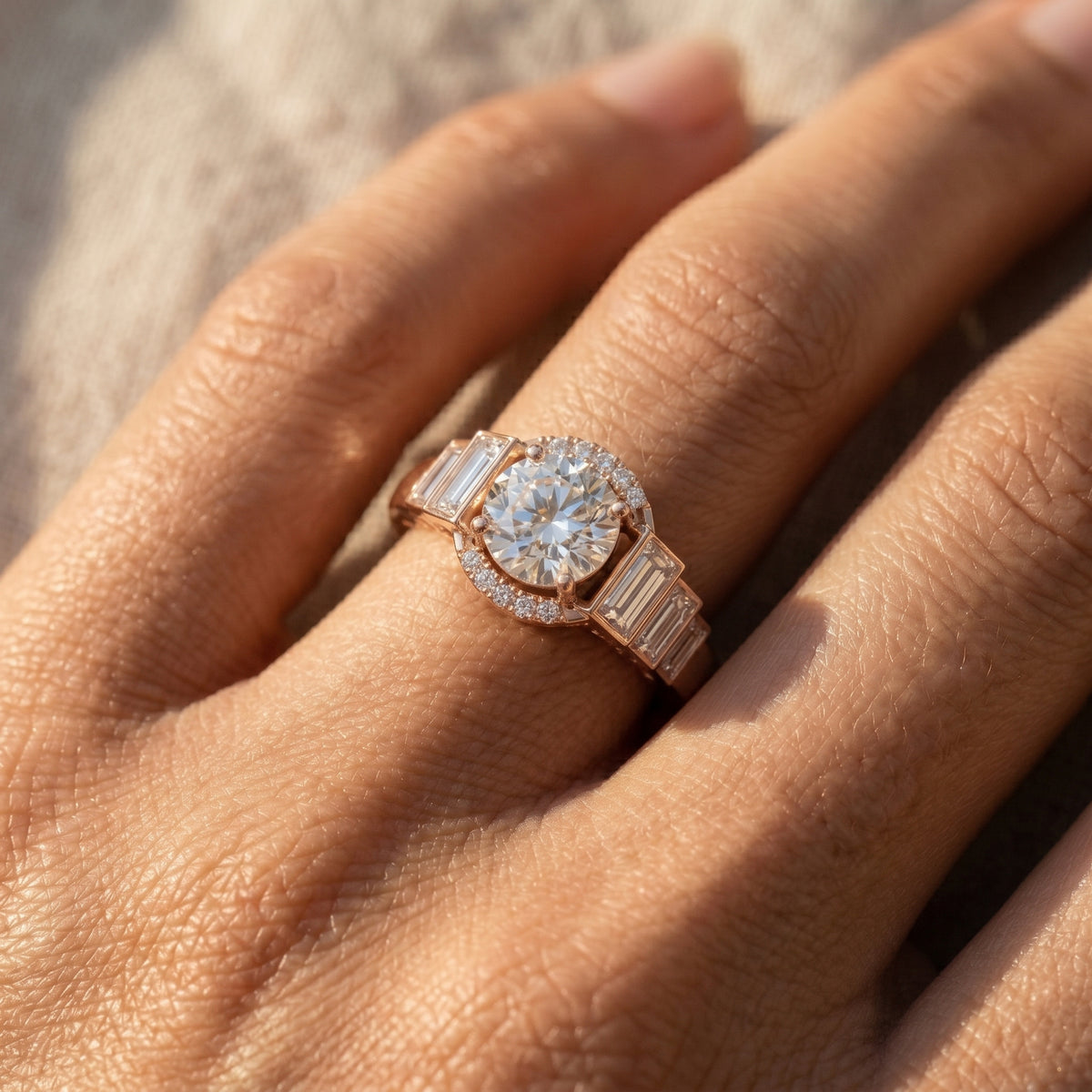 Round Diamond Halo Engagement Ring with Tapered Baguette Side Accents — lifestyle