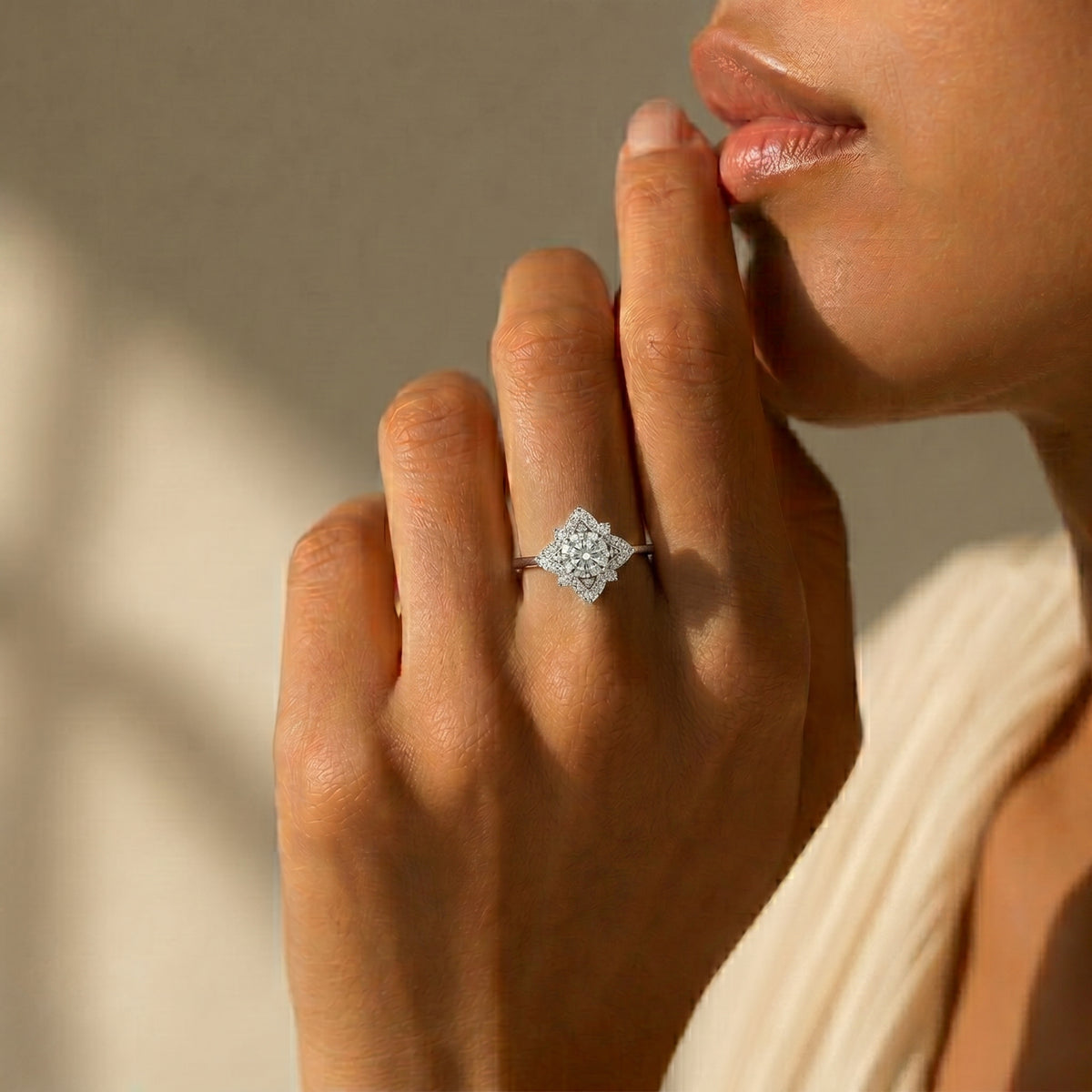 Round Diamond Star Constellation Halo Engagement Ring