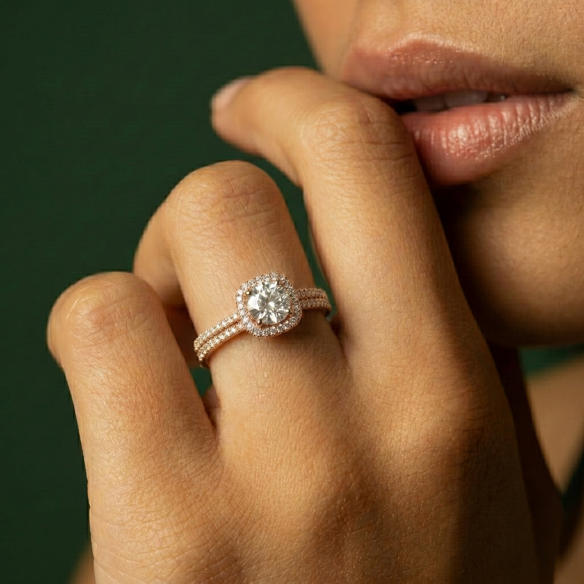 Round Diamond Cushion Halo Engagement Ring with Vintage Braided Pavé Band