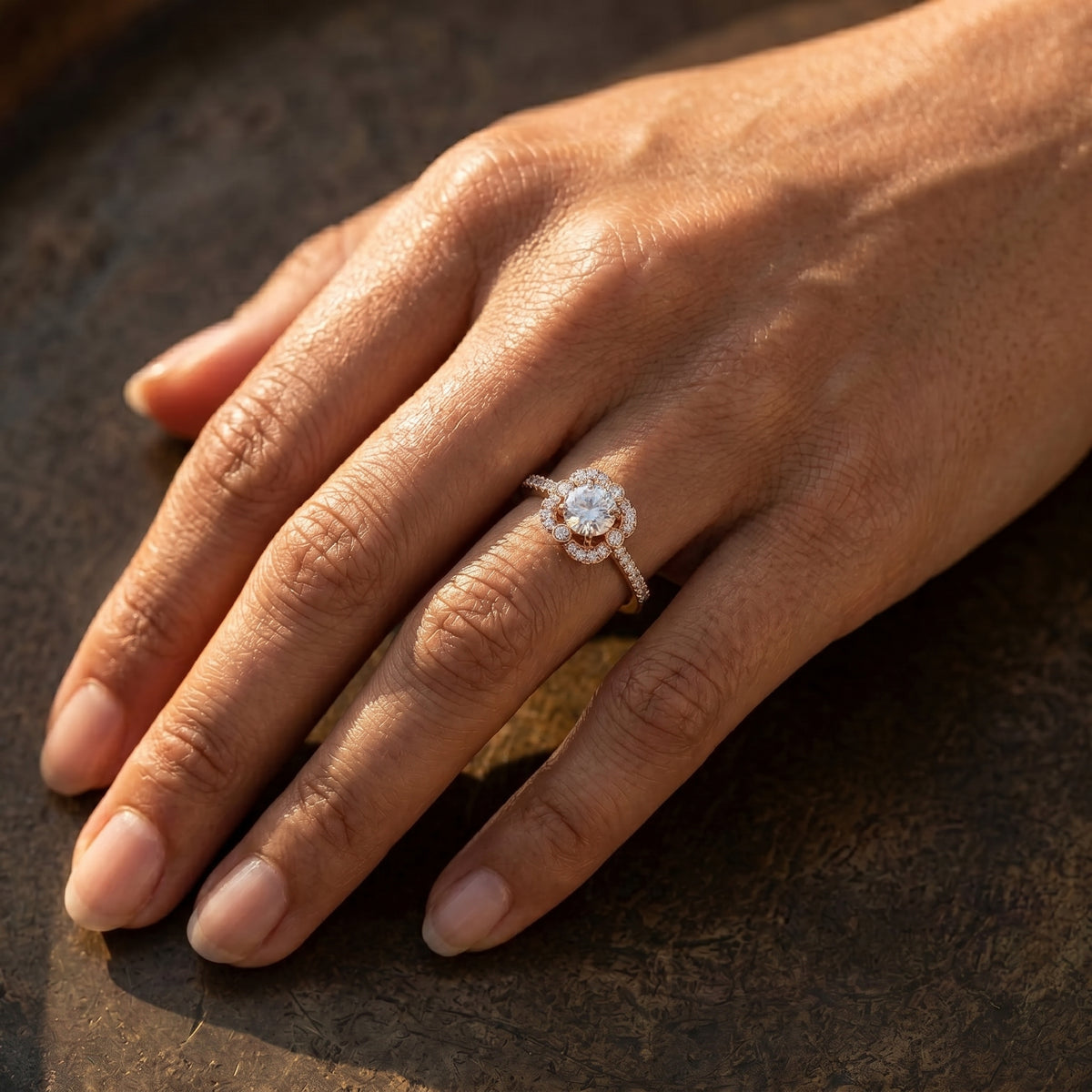 Round Diamond Halo Engagement Ring with Multi-Row Pavé Band — lifestyle