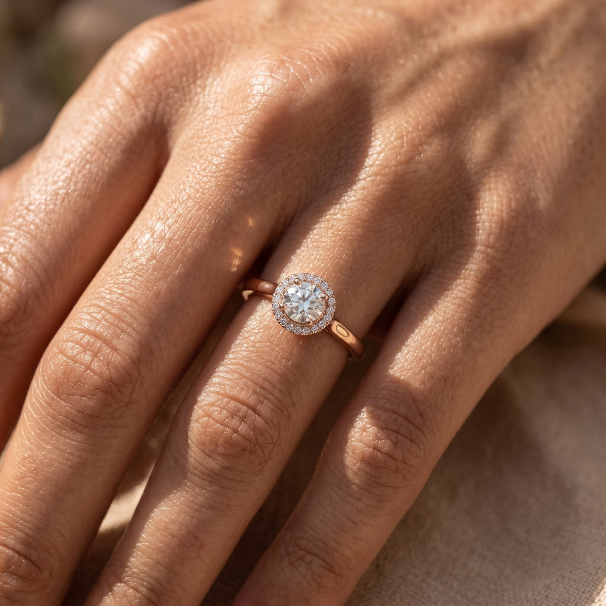 Round Diamond Halo Engagement Ring with Pavé Band — lifestyle