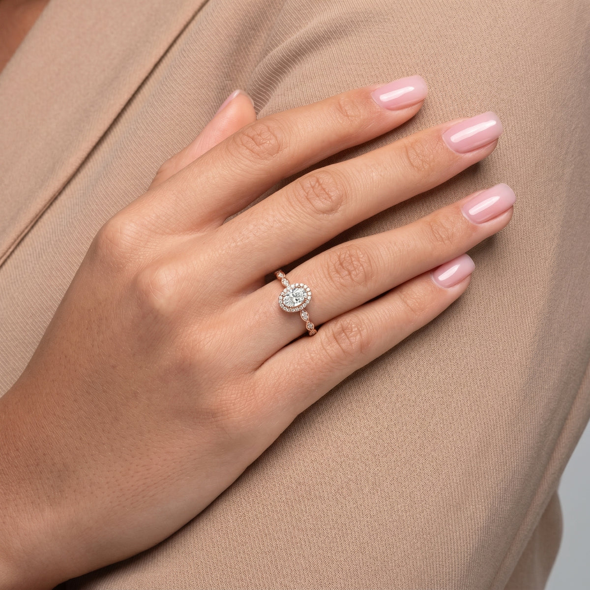Oval Diamond Halo Engagement Ring with Bezel Side Accents — lifestyle