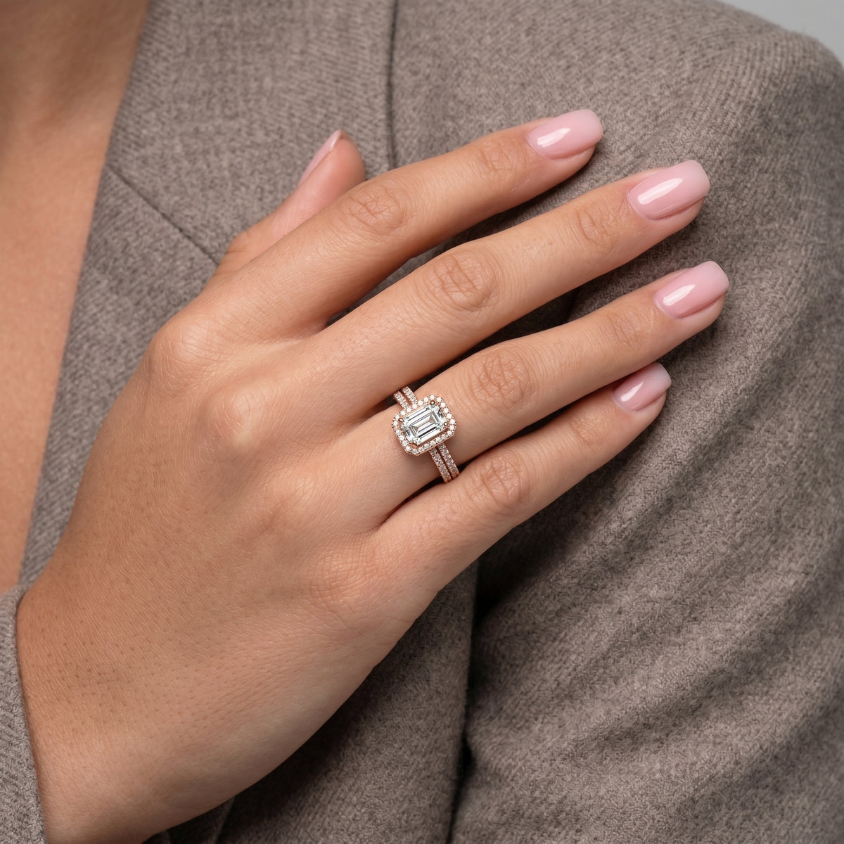 Emerald Cut Halo Engagement Ring with Split Shank Pavé Band — lifestyle