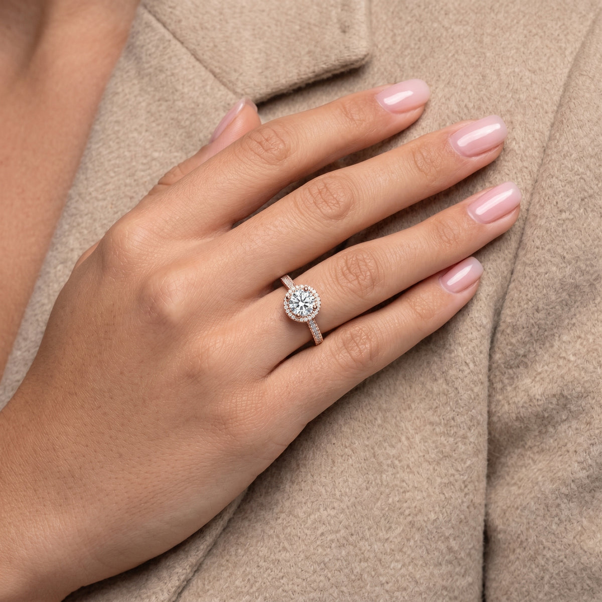Round Diamond Halo Engagement Ring with Vintage Milgrain Pavé Band