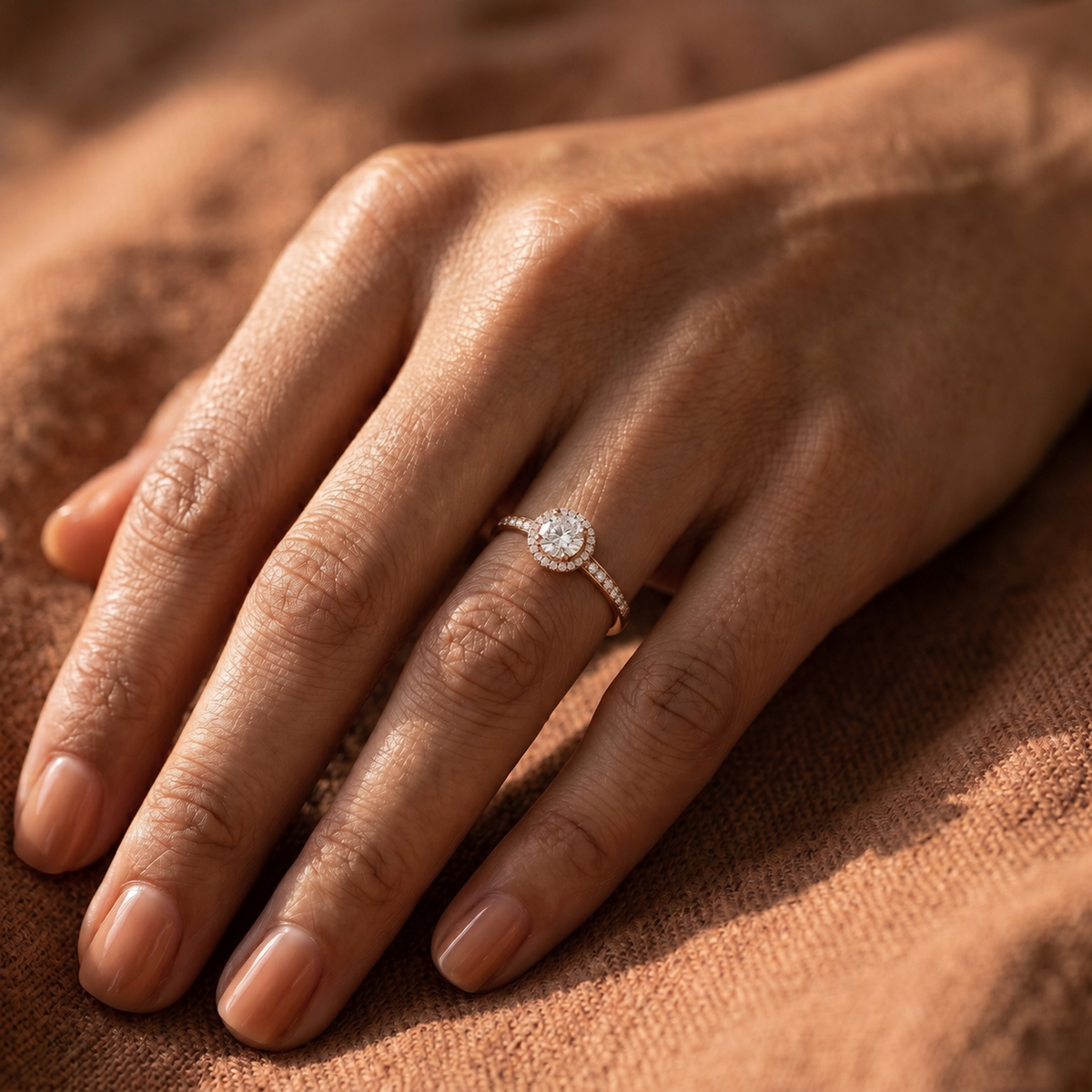 Round Diamond Halo Engagement Ring with Pavé Band — lifestyle