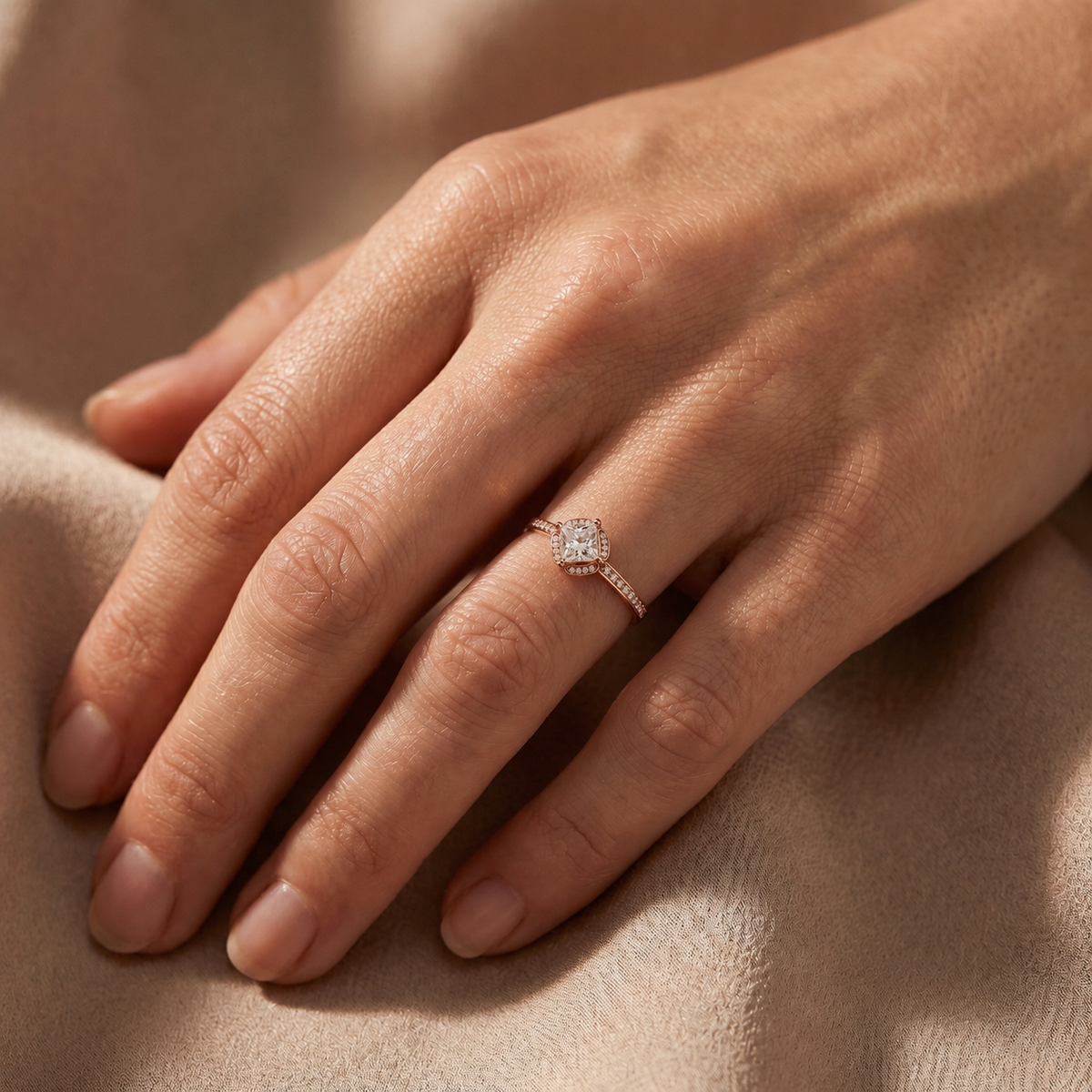 Princess Cut Halo Engagement Ring with Sculpted Pavé Frame and Pavé Band — lifestyle