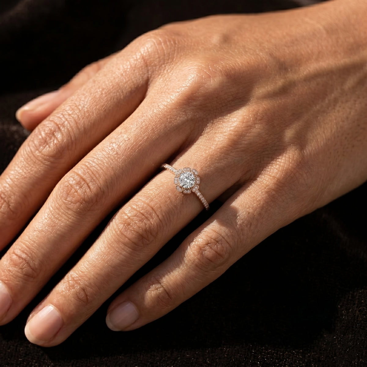 Round Diamond Flower Halo Engagement Ring with Pavé Band — lifestyle