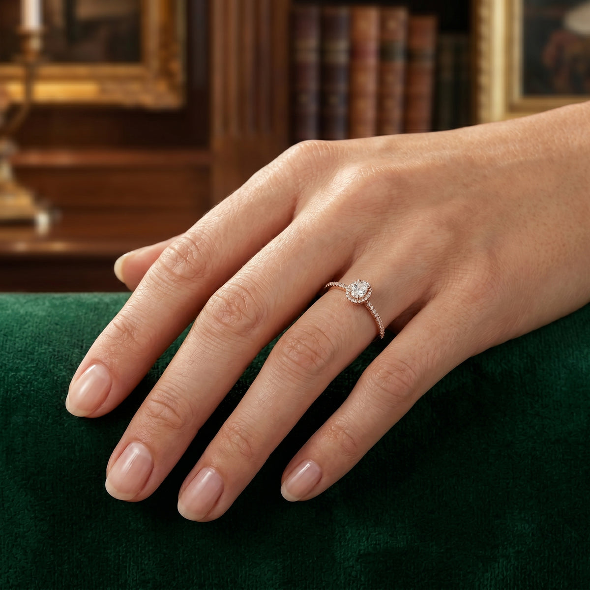 Oval Diamond Halo Engagement Ring with Twisted Pavé Band — lifestyle