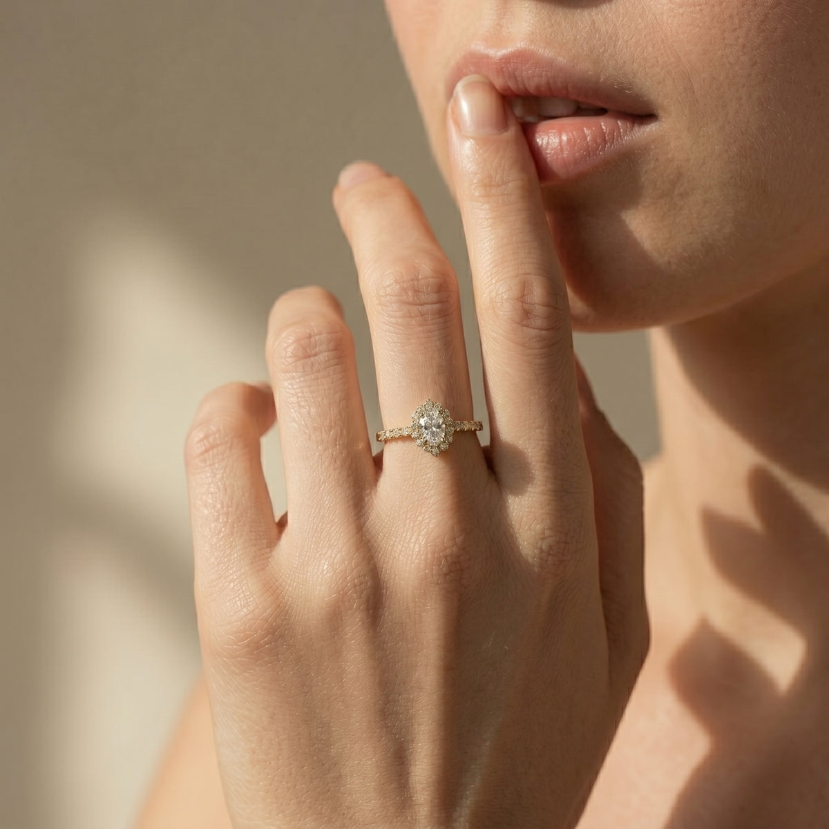 Oval Diamond Scalloped Halo Engagement Ring with Pavé Band
