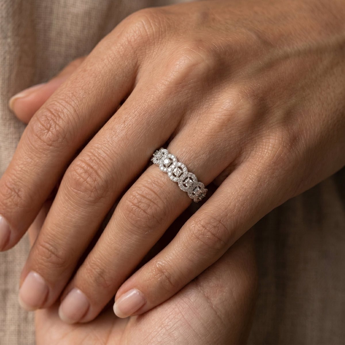 Round Diamond Multi-Floral Cluster Statement Anniversary Band — lifestyle