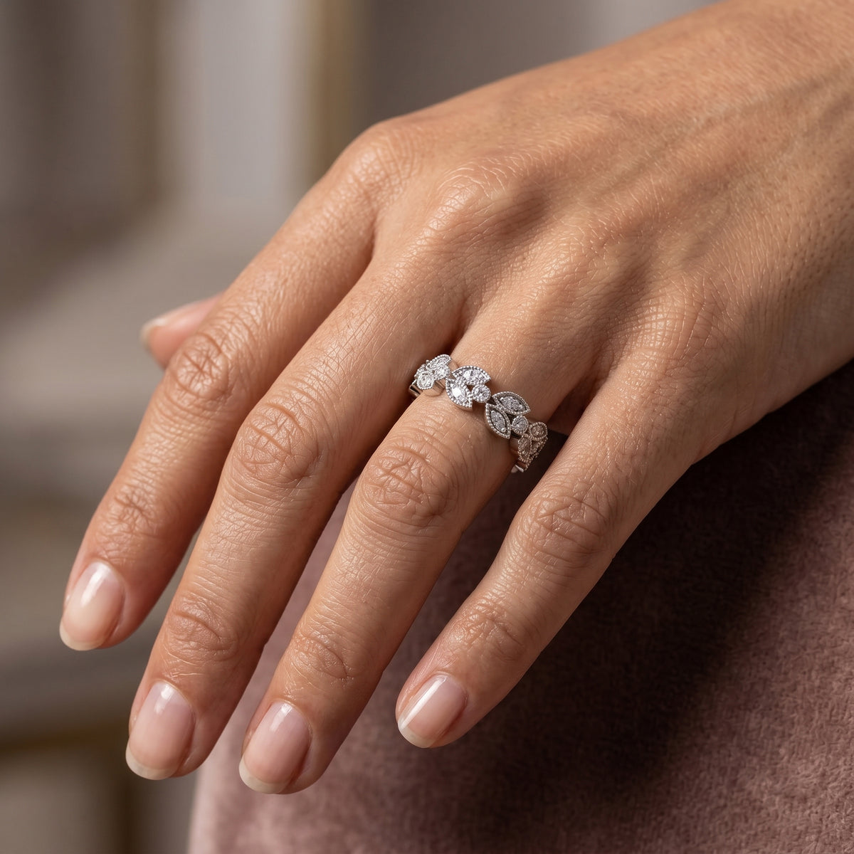 Round Diamond Cluster Halo Engagement Ring with Decorative Band — lifestyle