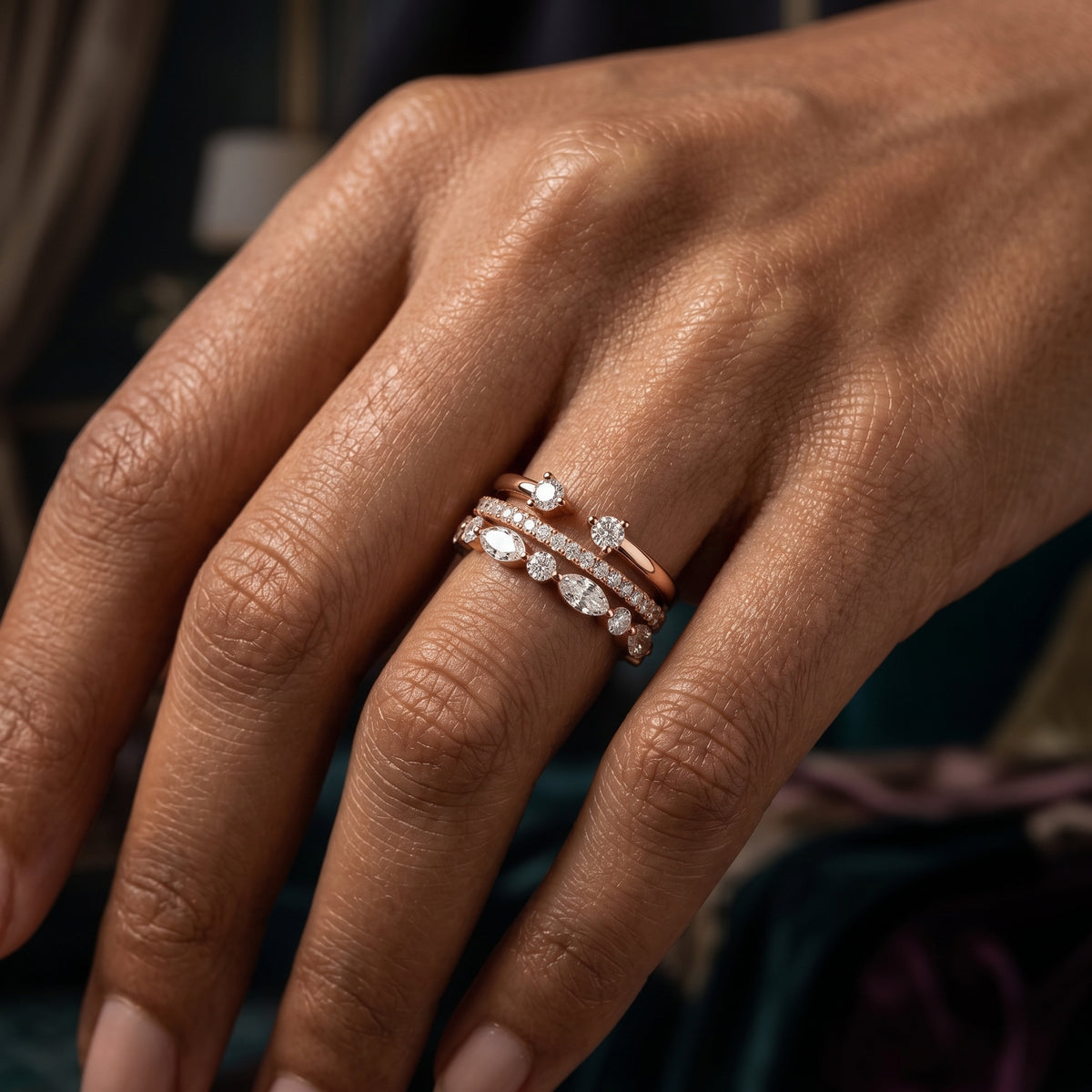Mixed Marquise and Round Diamond Stackable Wedding Band Set