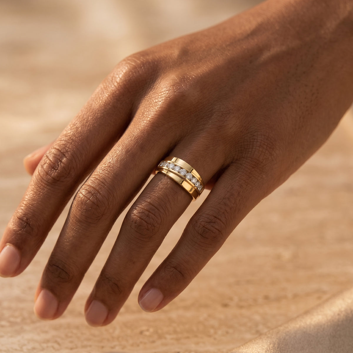 Round Diamond Channel Set Wide Anniversary Band — lifestyle