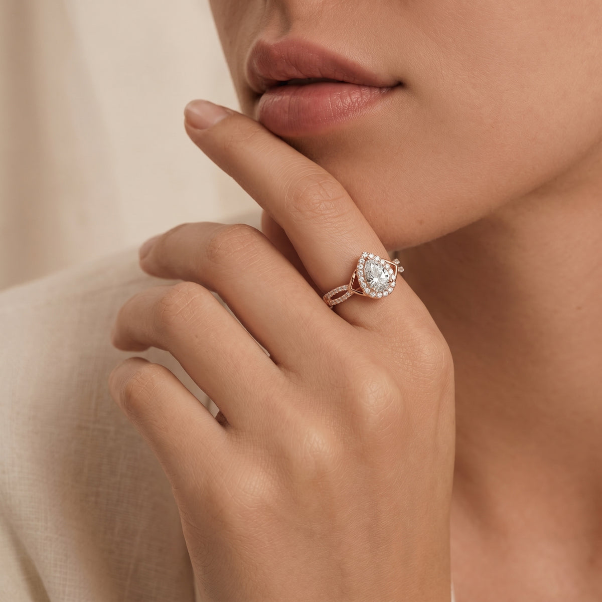 Pear Diamond Halo Engagement Ring with Split Shank Pavé Band — lifestyle