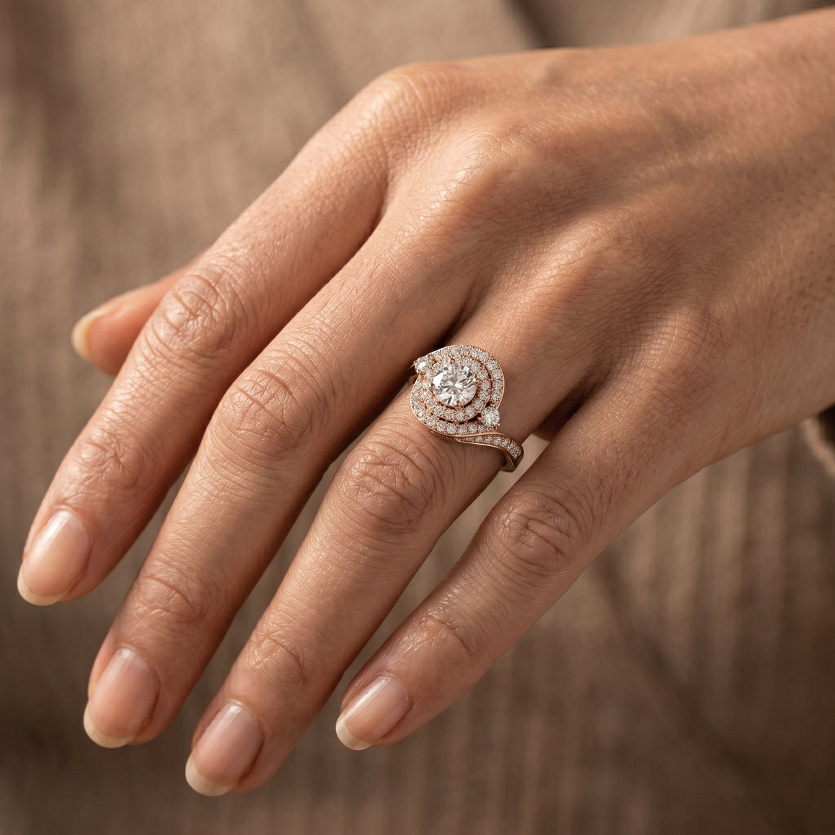Round Diamond Double Halo Engagement Ring with Bypass Pavé Swirl Arms — lifestyle