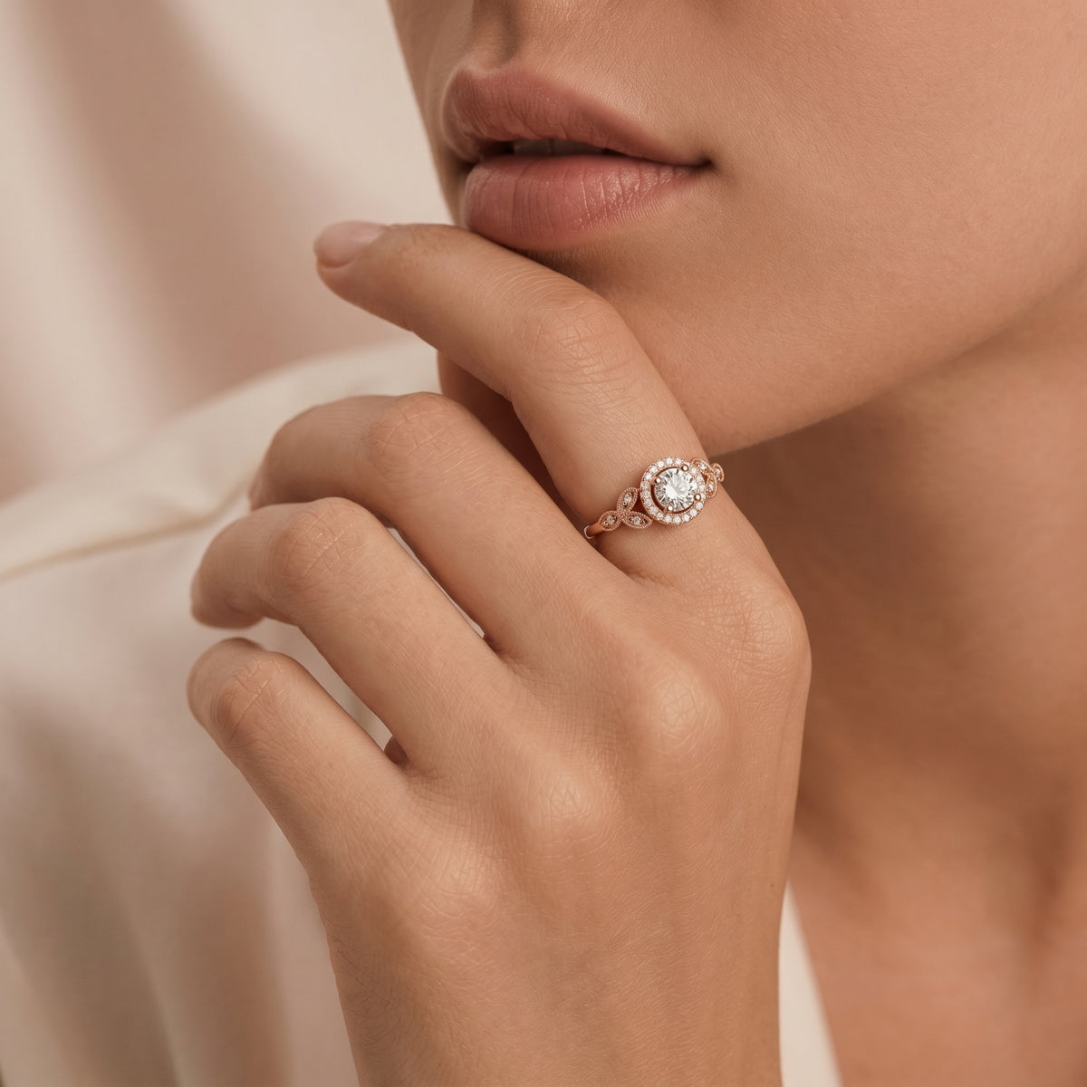 Round Diamond Halo Engagement Ring with Leaf Pavé Band — lifestyle