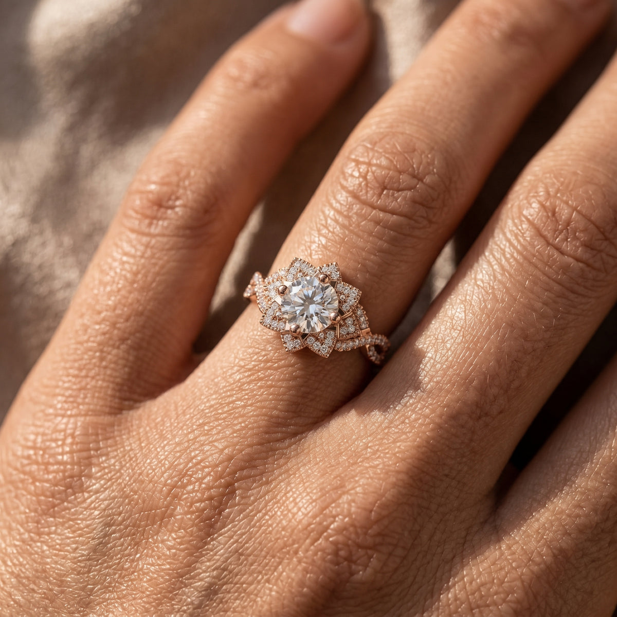Round Diamond Multi-Pointed Star Halo Engagement Ring with Pavé Band — lifestyle