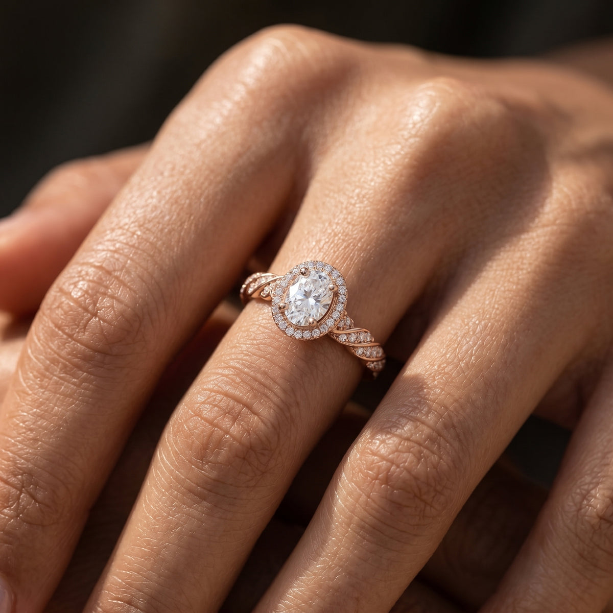Oval Diamond Halo Engagement Ring with Sculpted Pavé Shoulders — lifestyle