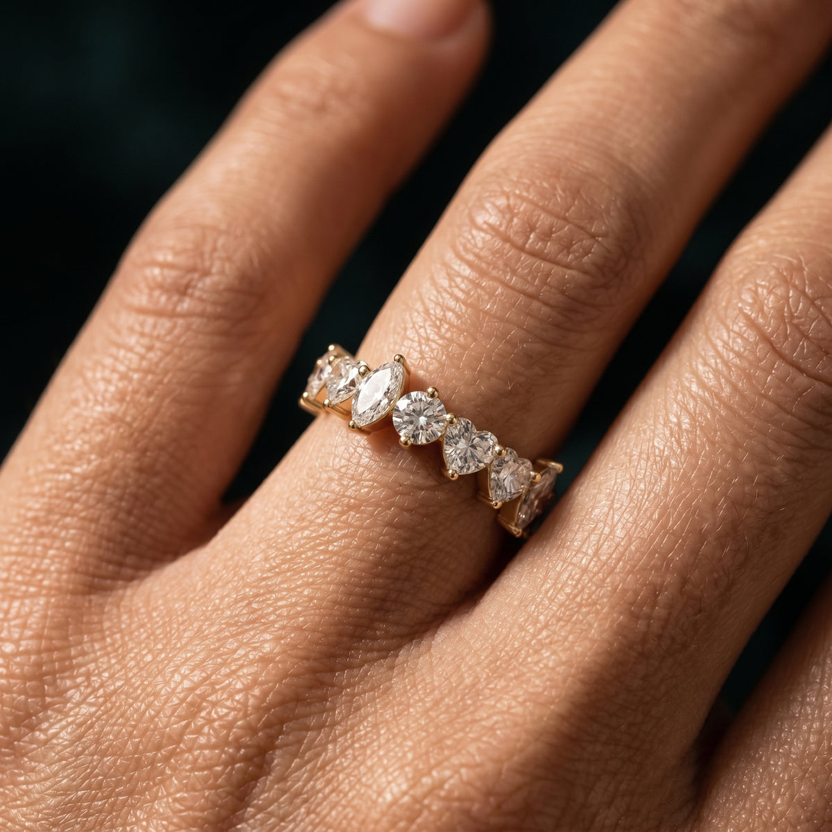 Mixed Shape Diamond Eternity Band with Round, Marquise and Heart Cuts — lifestyle