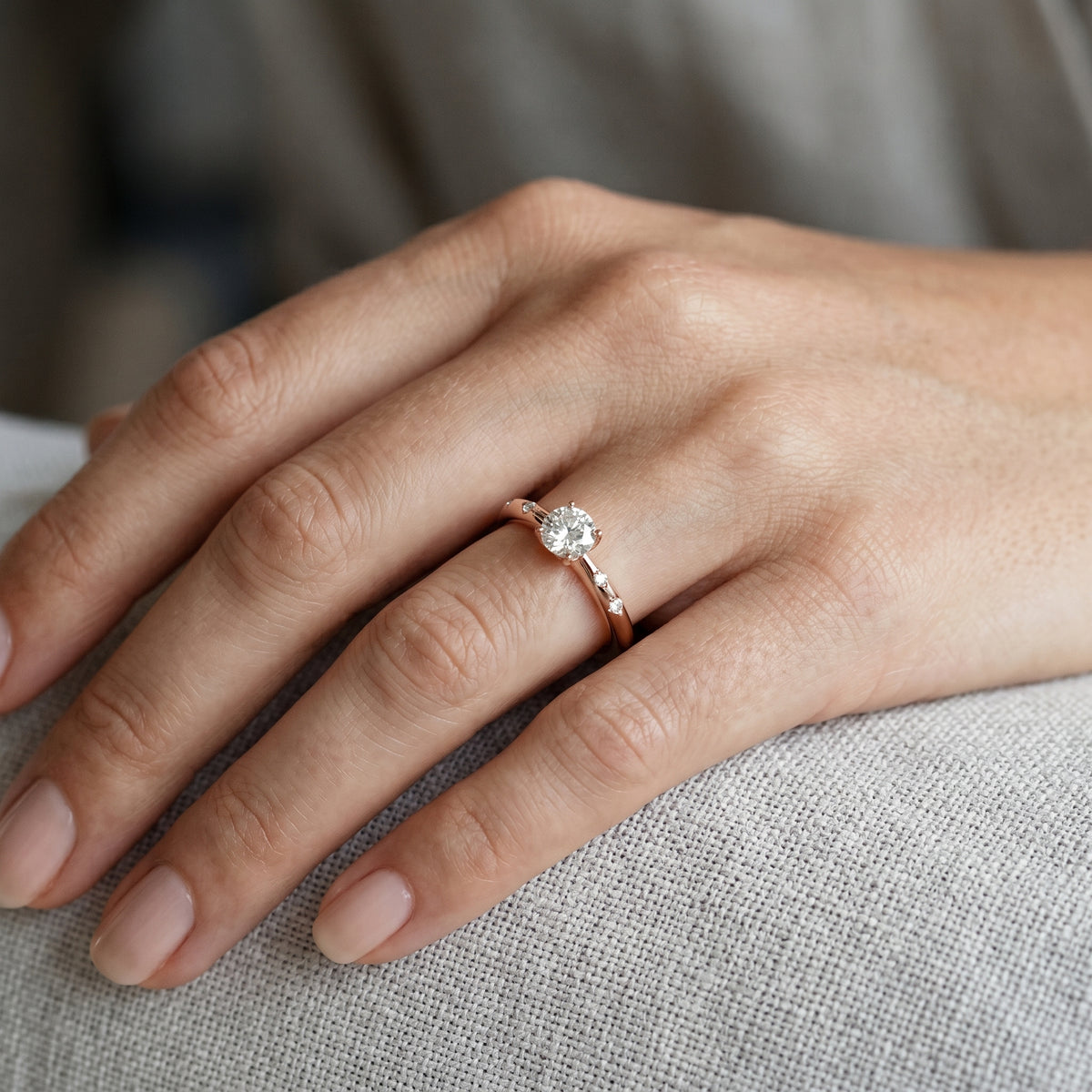 Round Diamond Engagement Ring with Bezel Set Side Accents — lifestyle