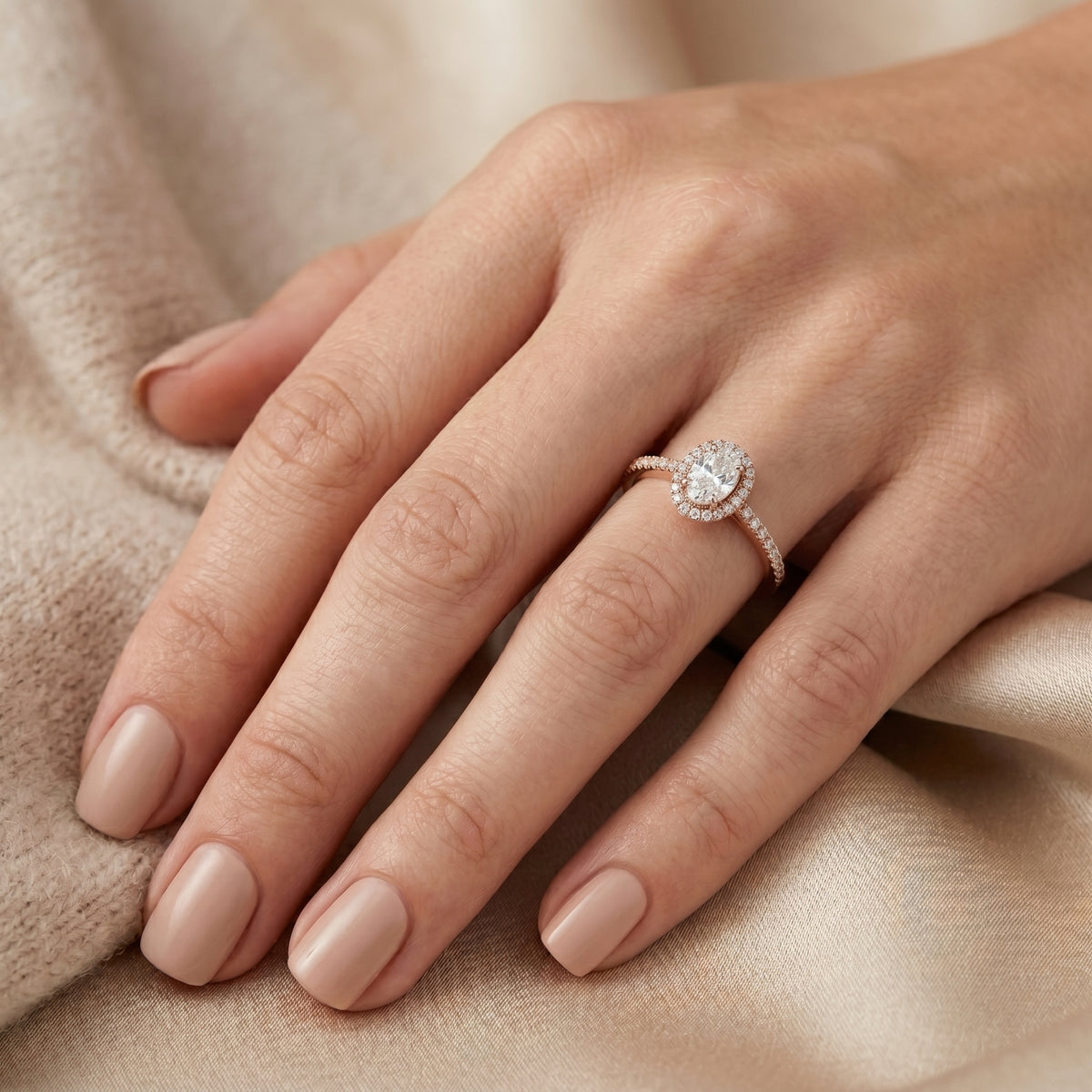 Oval Diamond Halo Engagement Ring with Pavé Band — lifestyle