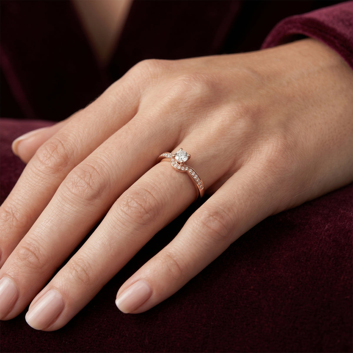 Round Diamond Engagement Ring with Asymmetric Bypass Pavé Band — lifestyle