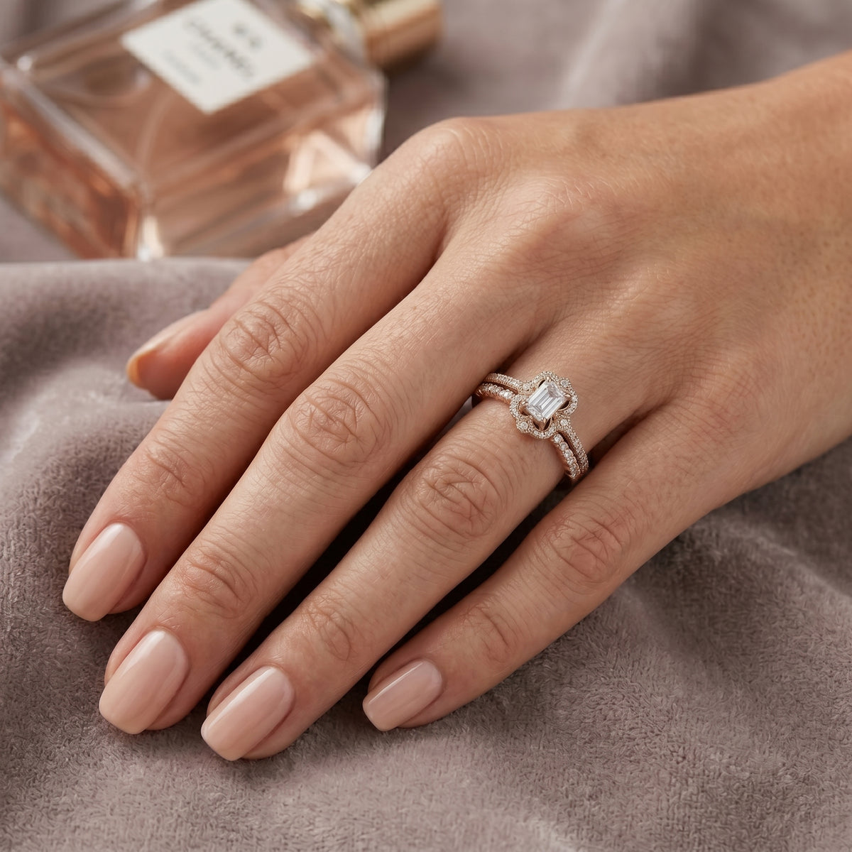 Emerald Cut Vintage Halo Engagement Ring with Sculpted Scrollwork and Pavé Band — lifestyle