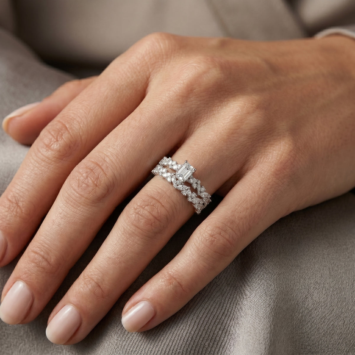 Emerald Cut Engagement Ring with Marquise Vine Cluster Double Band — lifestyle