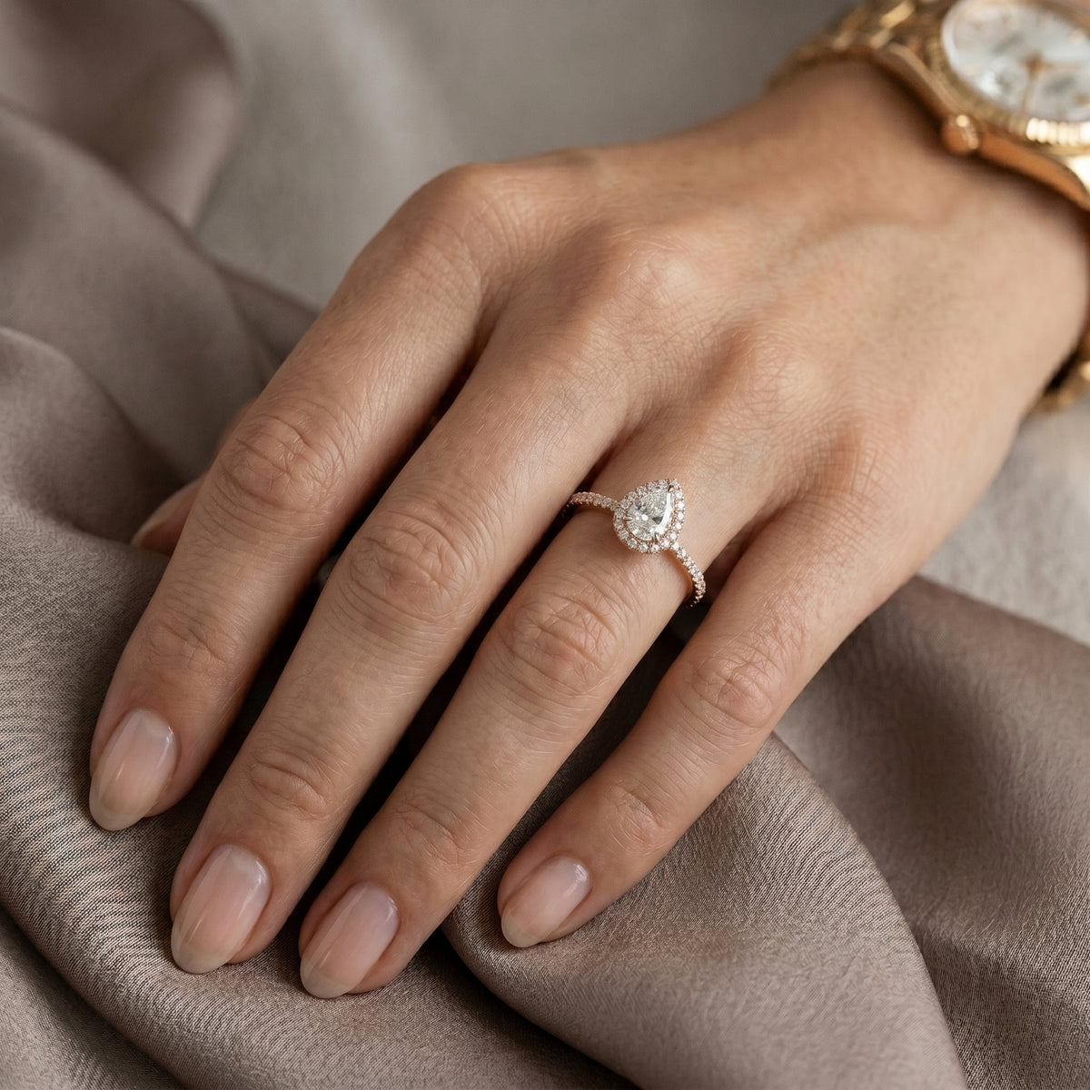 Pear Diamond Halo Engagement Ring with Pavé Band — lifestyle