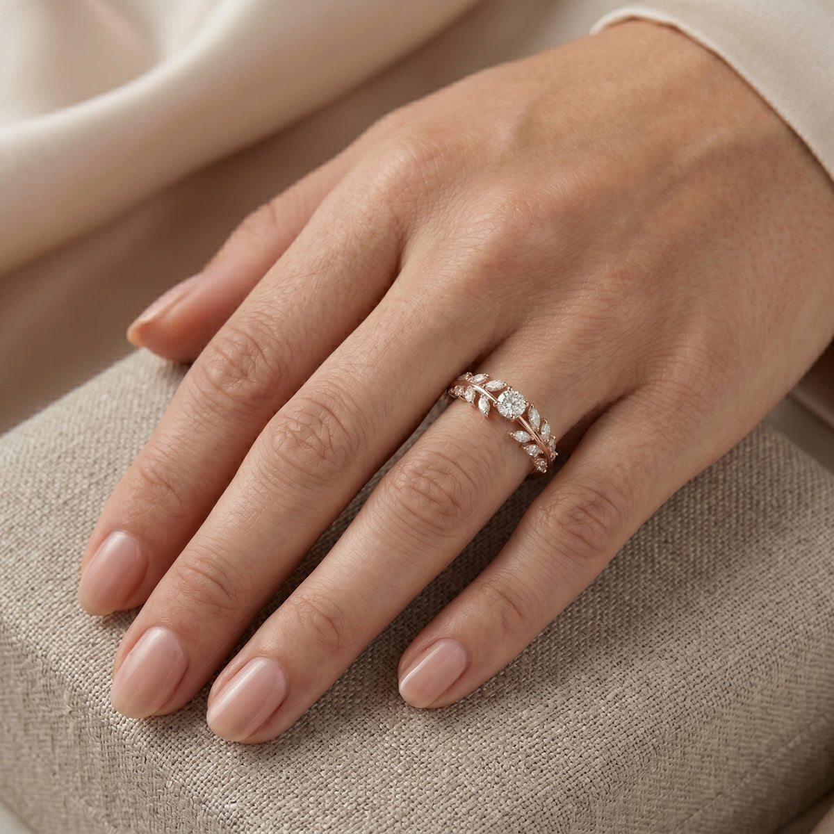 Round Diamond Engagement Ring with Marquise and Round Vine Cluster Band — lifestyle