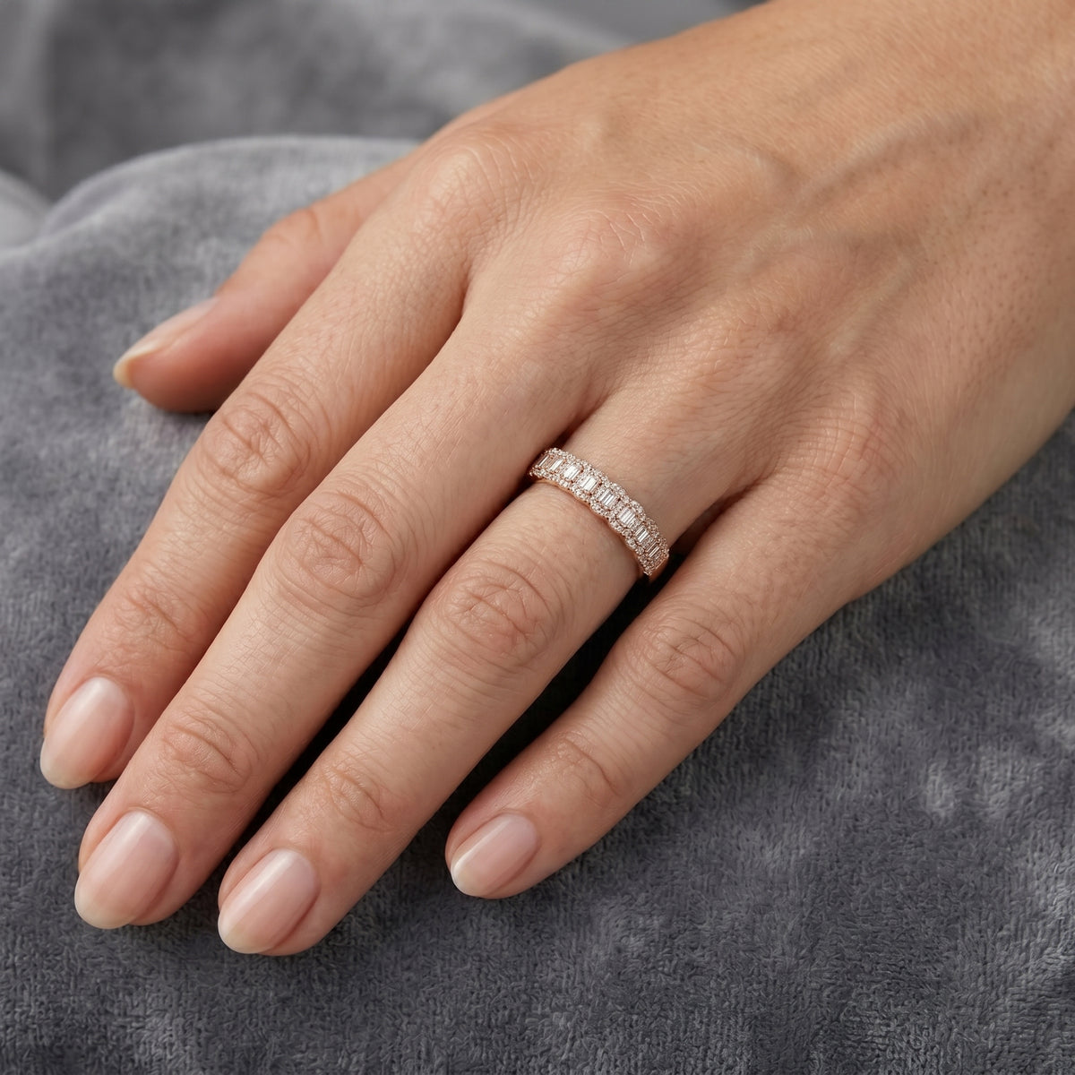 Emerald and Round Diamond Wide Anniversary Band