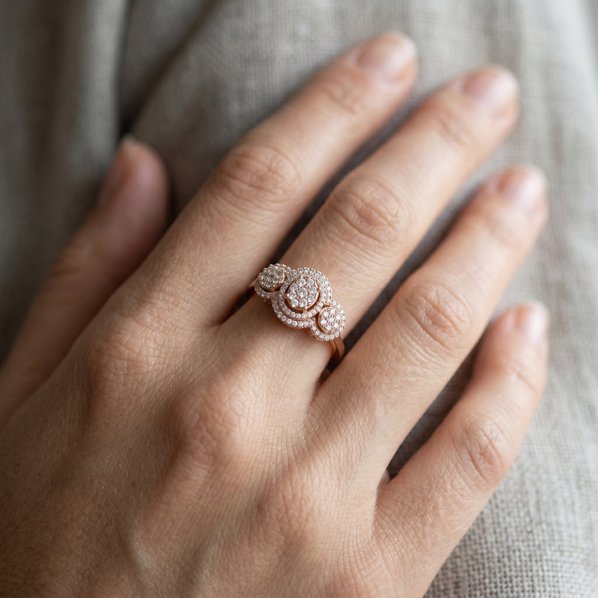 Round Diamond Triple Cluster Halo Constellation Engagement Ring — lifestyle