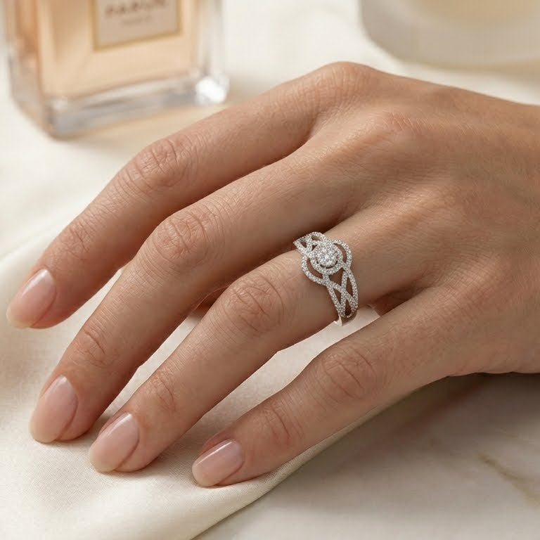 Round Diamond Cluster Statement Engagement Ring with Open Chain Sides — lifestyle