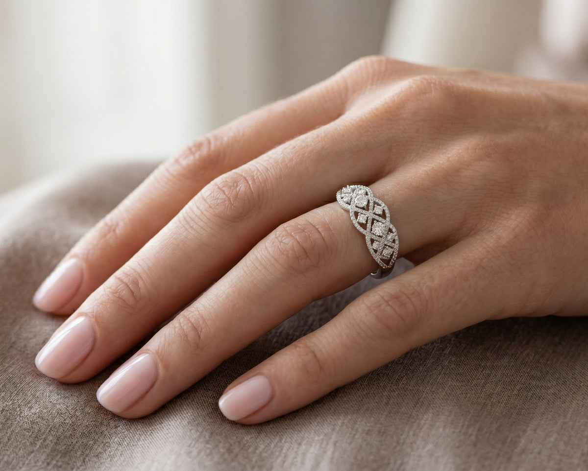 Round Diamond Four Stone Cluster Cocktail Band with Criss-Cross Pavé — lifestyle