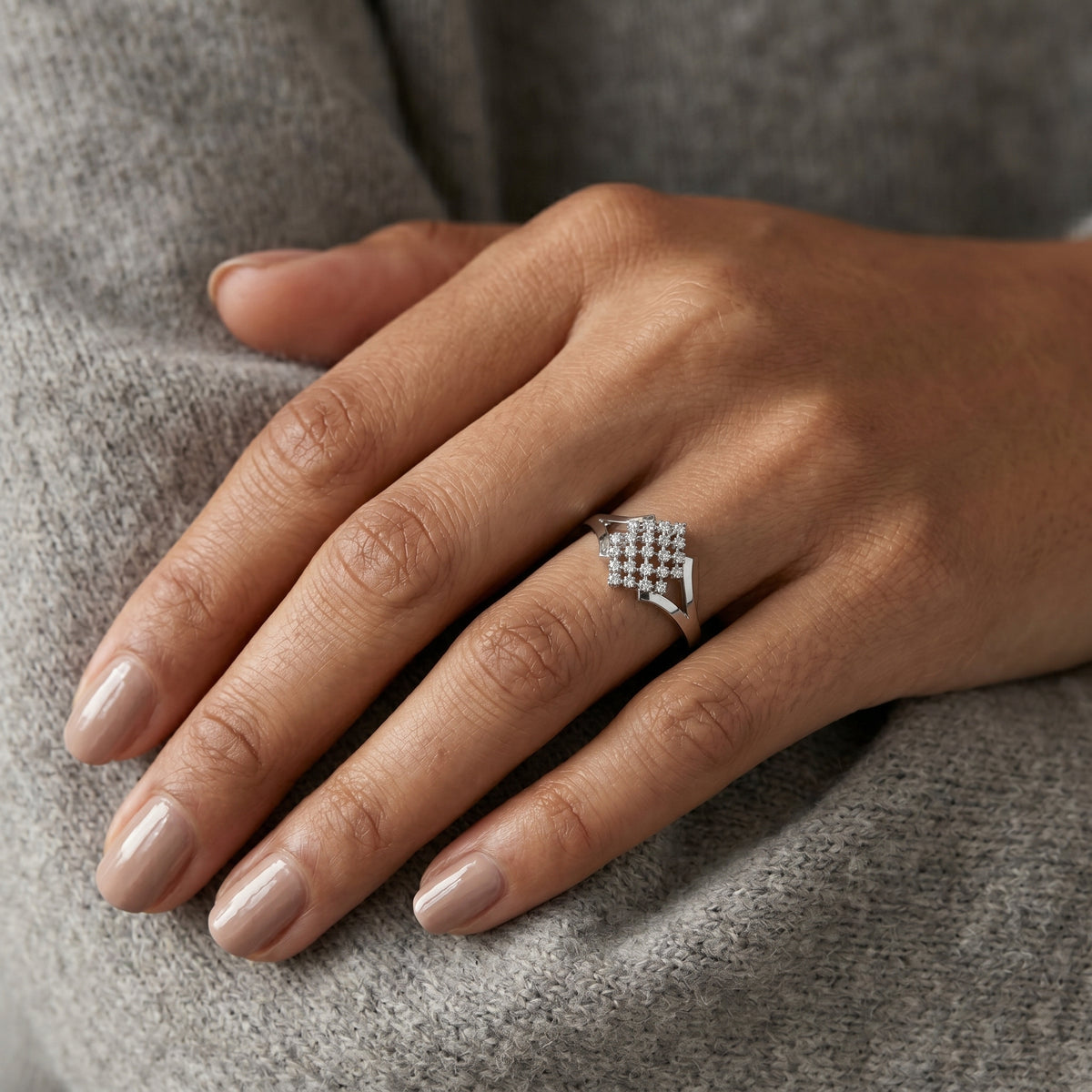 Round Diamond Diamond-Shape Cluster Engagement Ring with Split Shank
