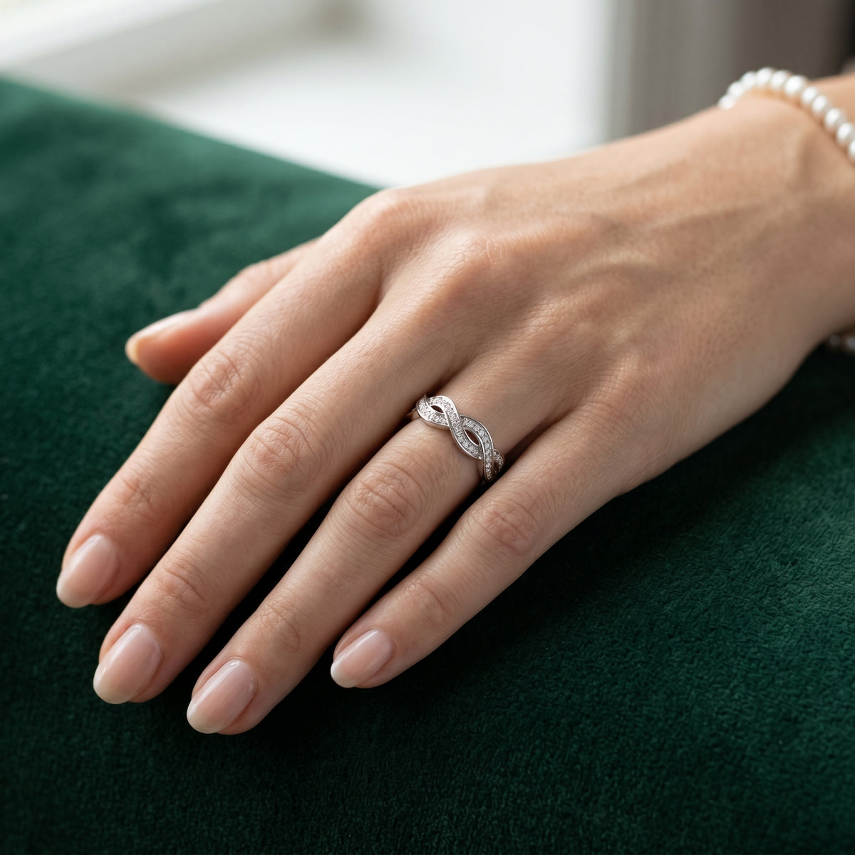 Round Diamond Twisted Infinity Pavé Eternity Band — lifestyle