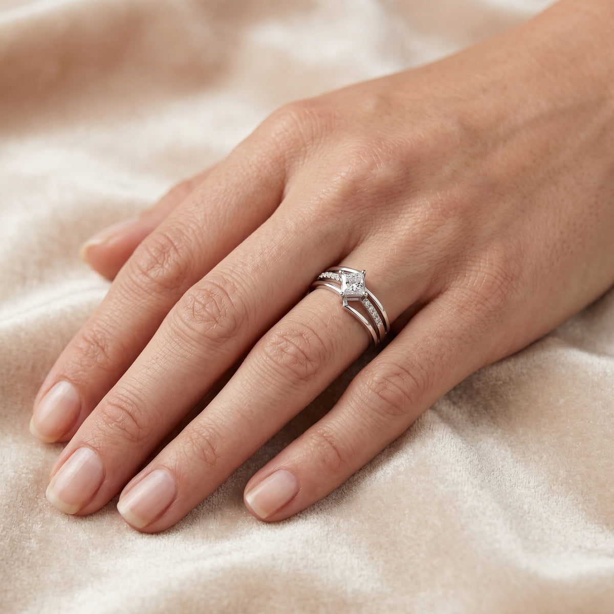Kite Princess Cut Engagement Ring with Double Band Split Shank Pavé — lifestyle