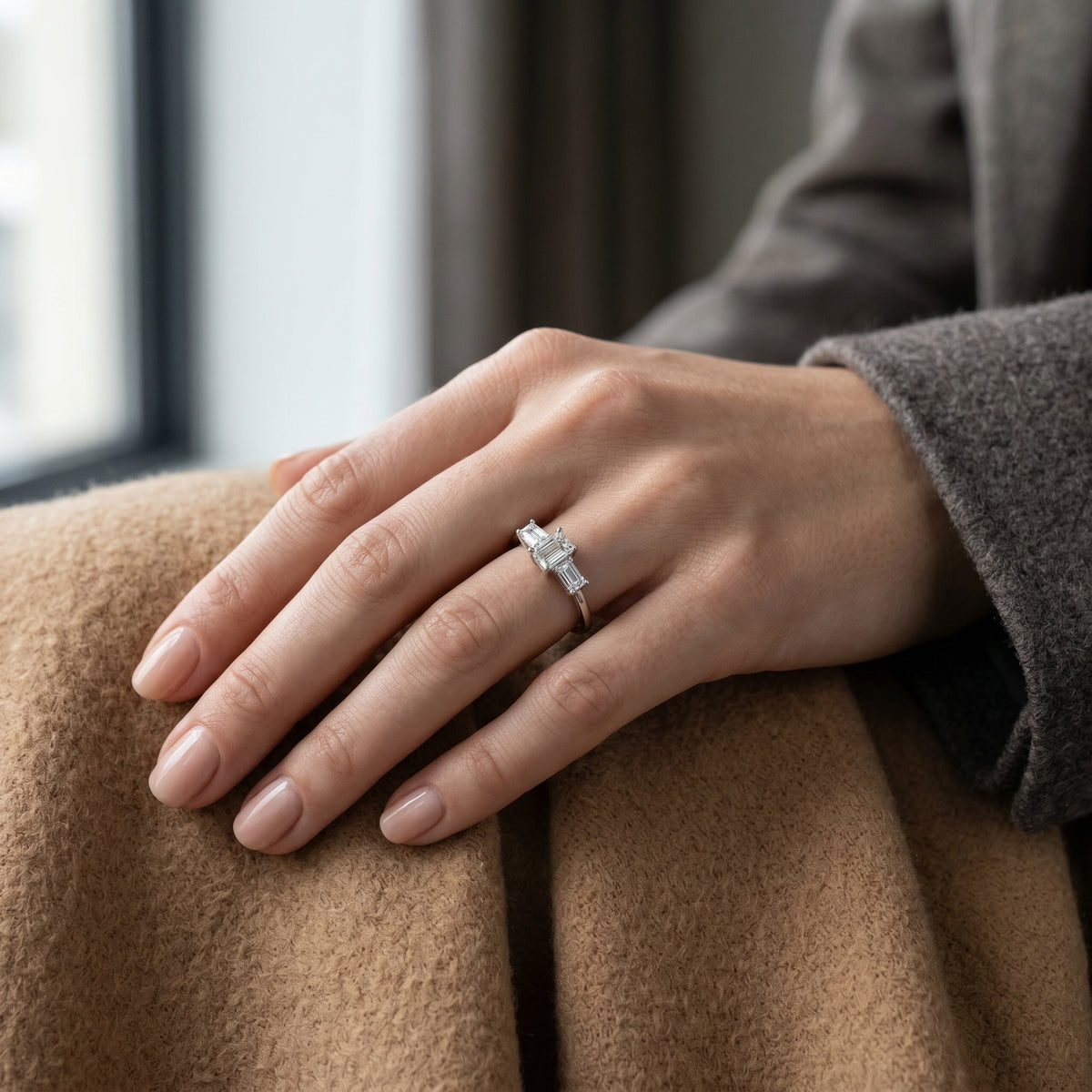 Emerald Cut Three Stone Engagement Ring — lifestyle