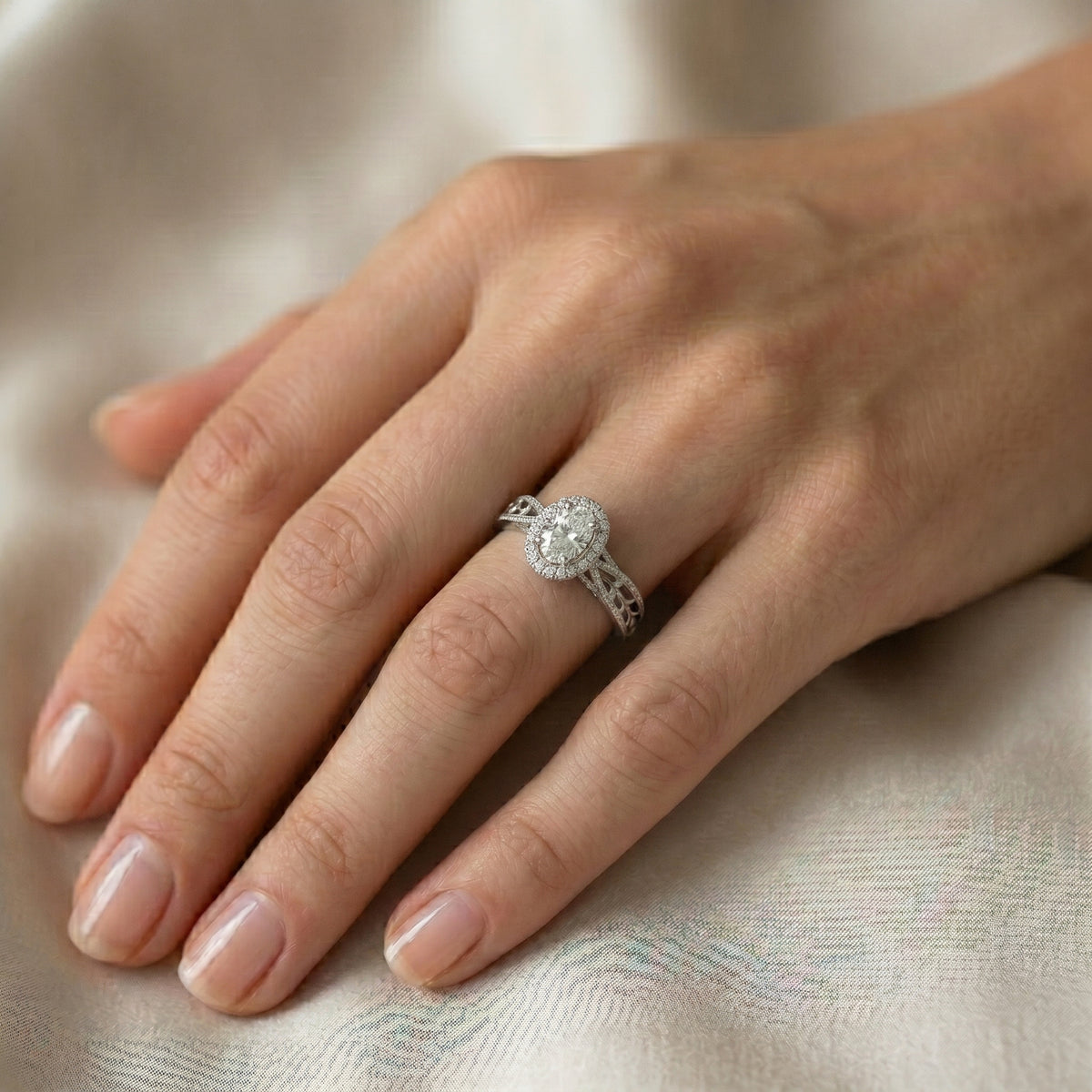 Oval Diamond Halo Engagement Ring with Braided Band — lifestyle