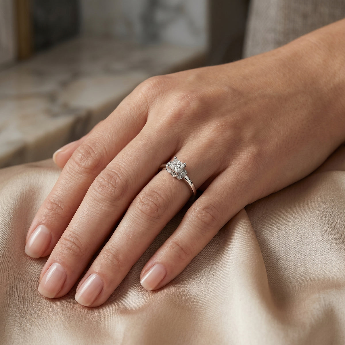 Princess Cut Engagement Ring with Crown Halo Arches — lifestyle