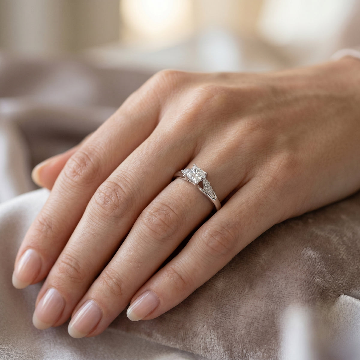 Kite Princess Cut Engagement Ring with Chevron Band and Side Accents